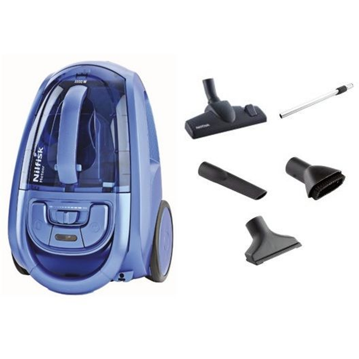 Aspiradora Nilfisk azul con accesorios. Muestra varios accesorios junto a la unidad principal.