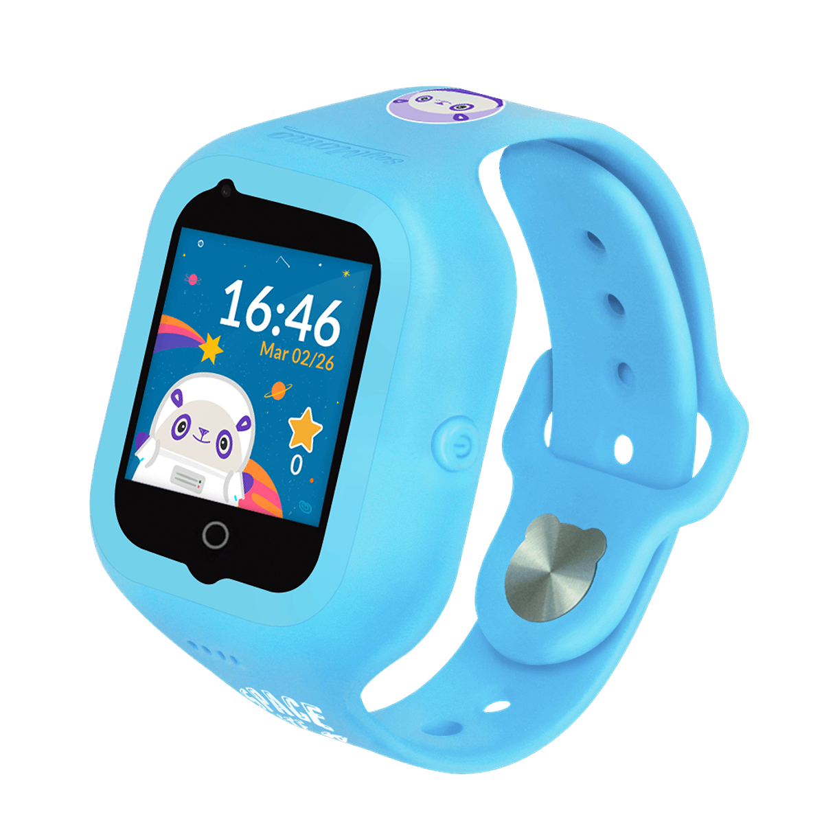 Un reloj inteligente azul con un astronauta de dibujos animados en la pantalla, la hora es 16:46.