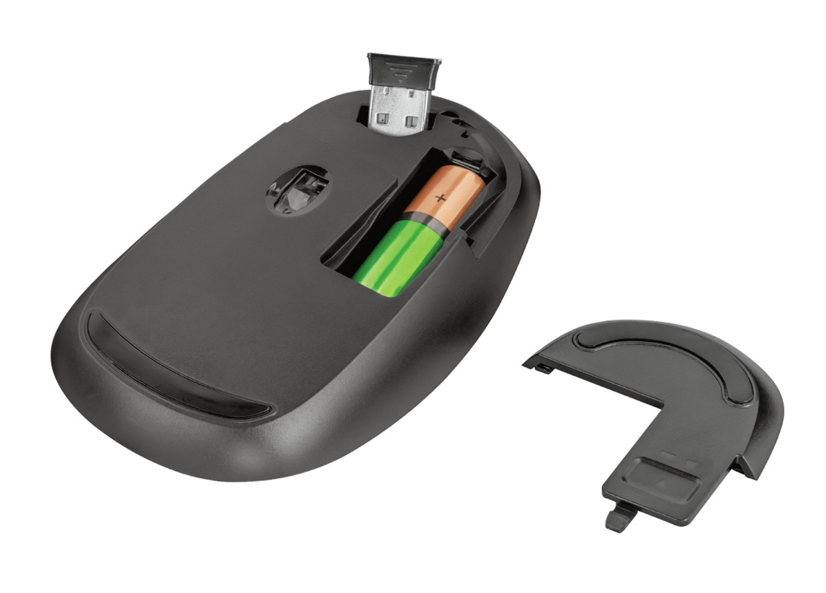 Mouse per computer nero con vano batteria aperto che mostra una batteria. Sfondo bianco.