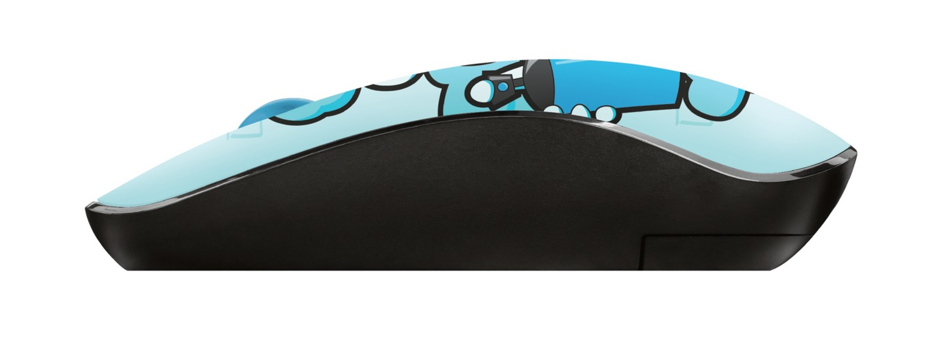 Mouse azzurro con base nera. Ha un motivo blu sulla parte superiore.
