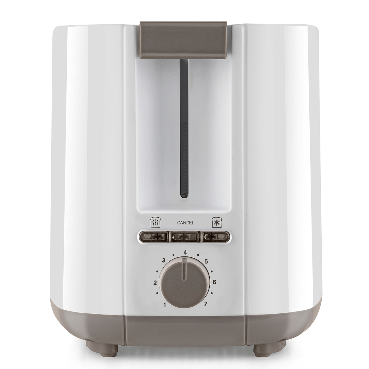 Biały i szary toster. Numerowana tarcza do ustawień. Posiada przycisk anulowania i wskaźnik grzania.