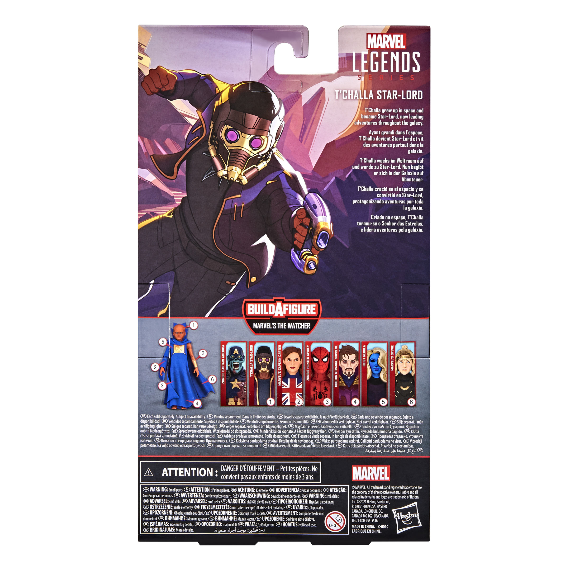 Embalaje de figura de acción Marvel Legends. Figura T'Challa Star-Lord. Texto e imágenes de personajes. Fondo blanco.