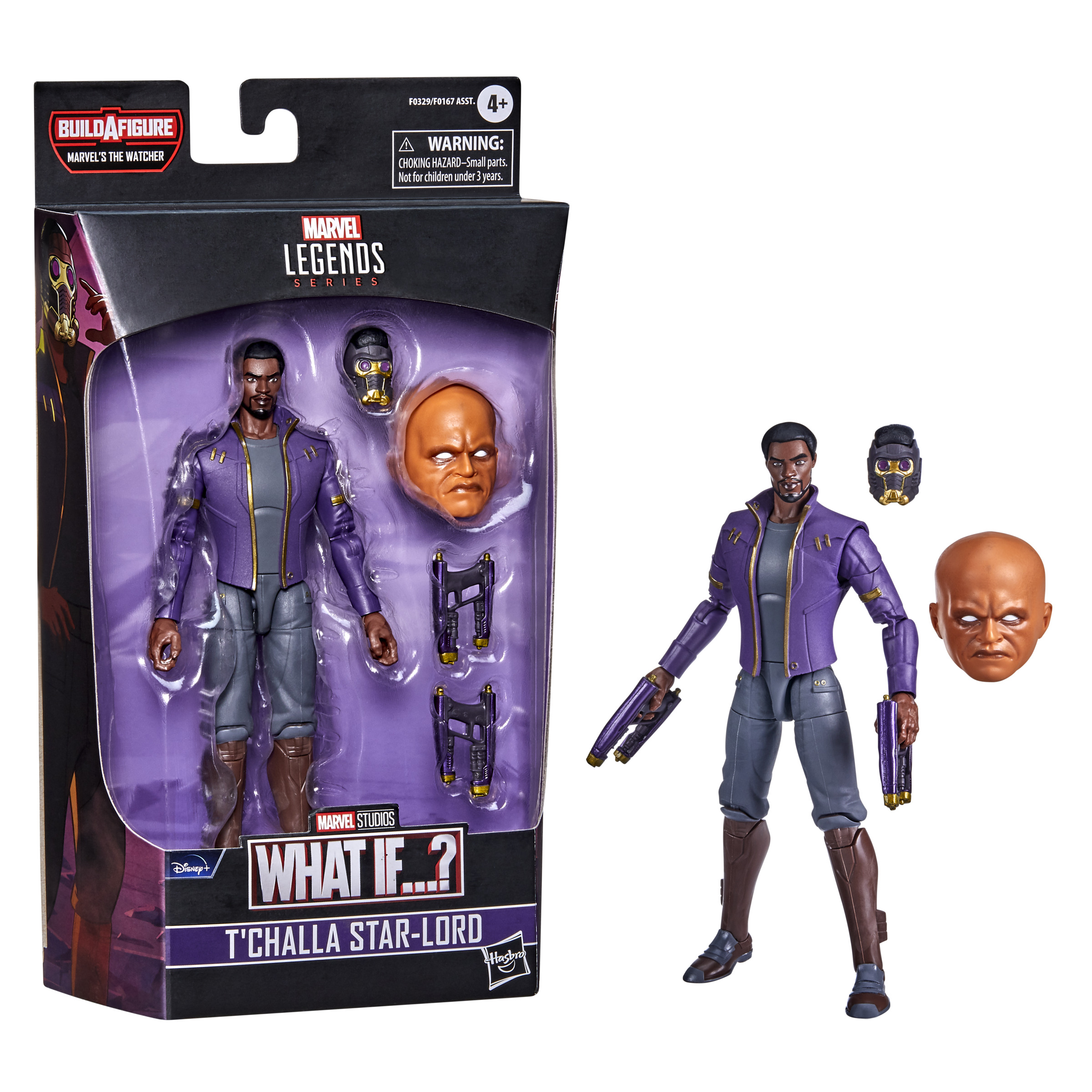Figura de acción T'Challa Star-Lord en caja, con cabezas y armas extra.