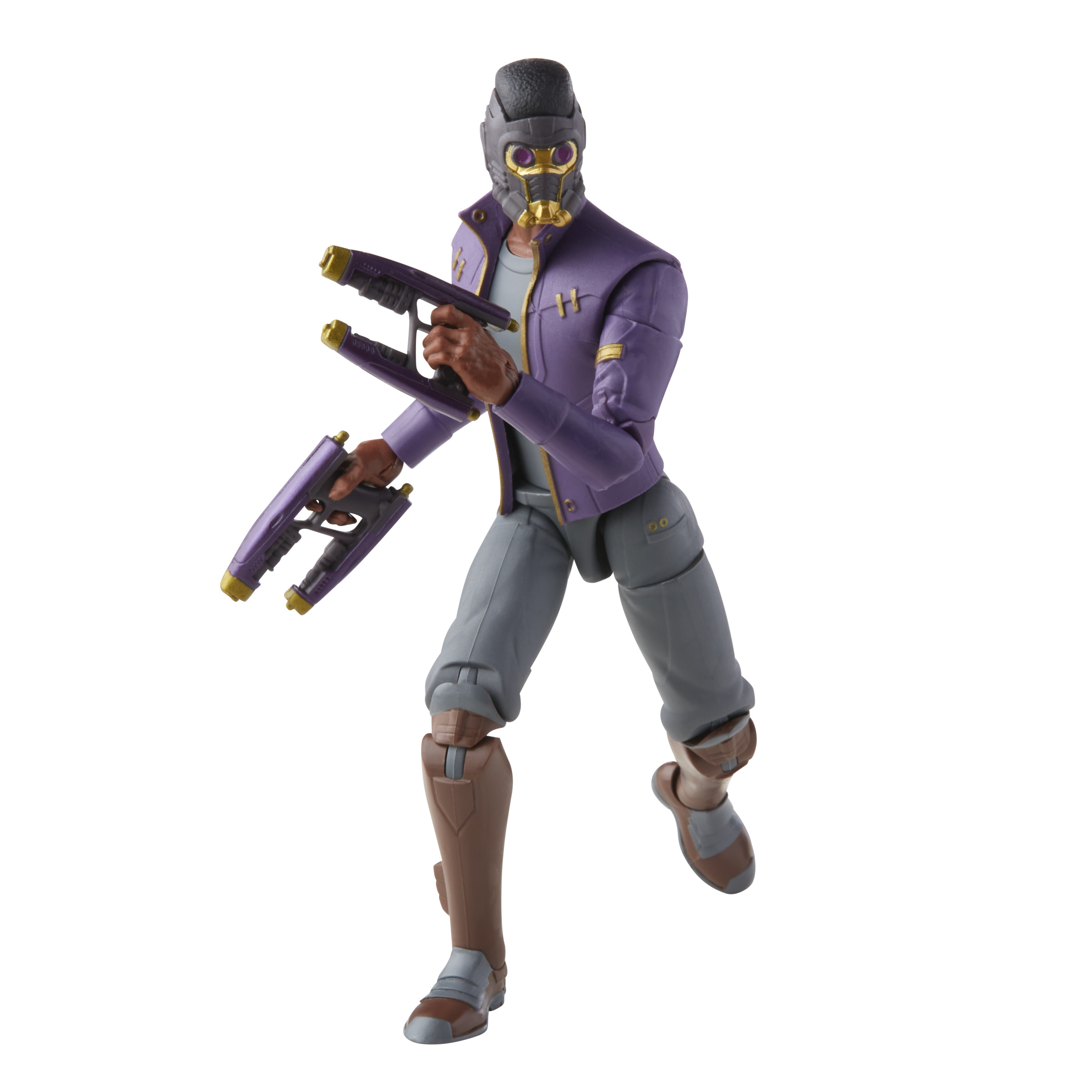 Una figura de acción de Star-Lord corriendo, sosteniendo dos pistolas moradas y doradas.