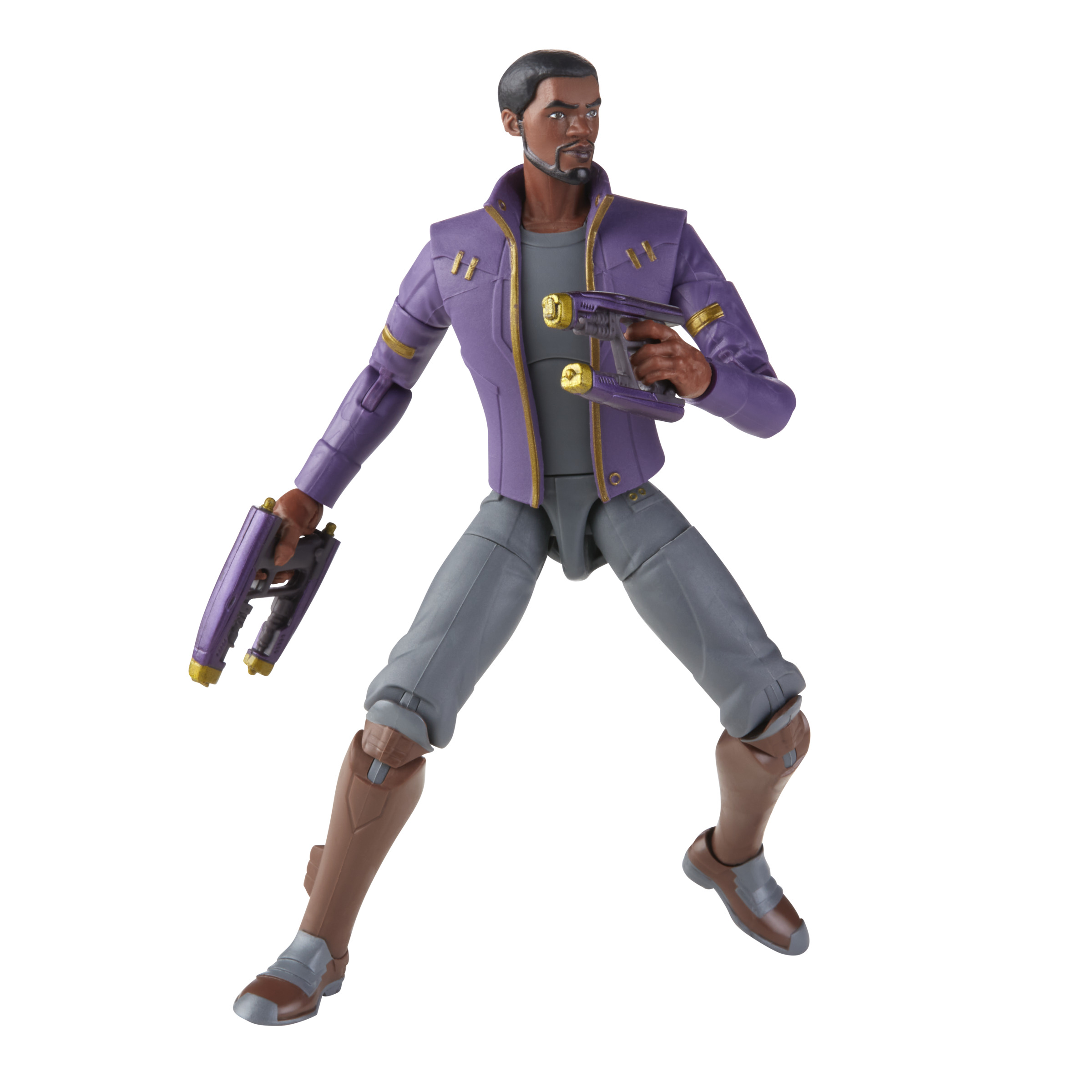 Figura de acción de un hombre sosteniendo dos armas moradas. Lleva una chaqueta morada y pantalones grises. Botas marrones.