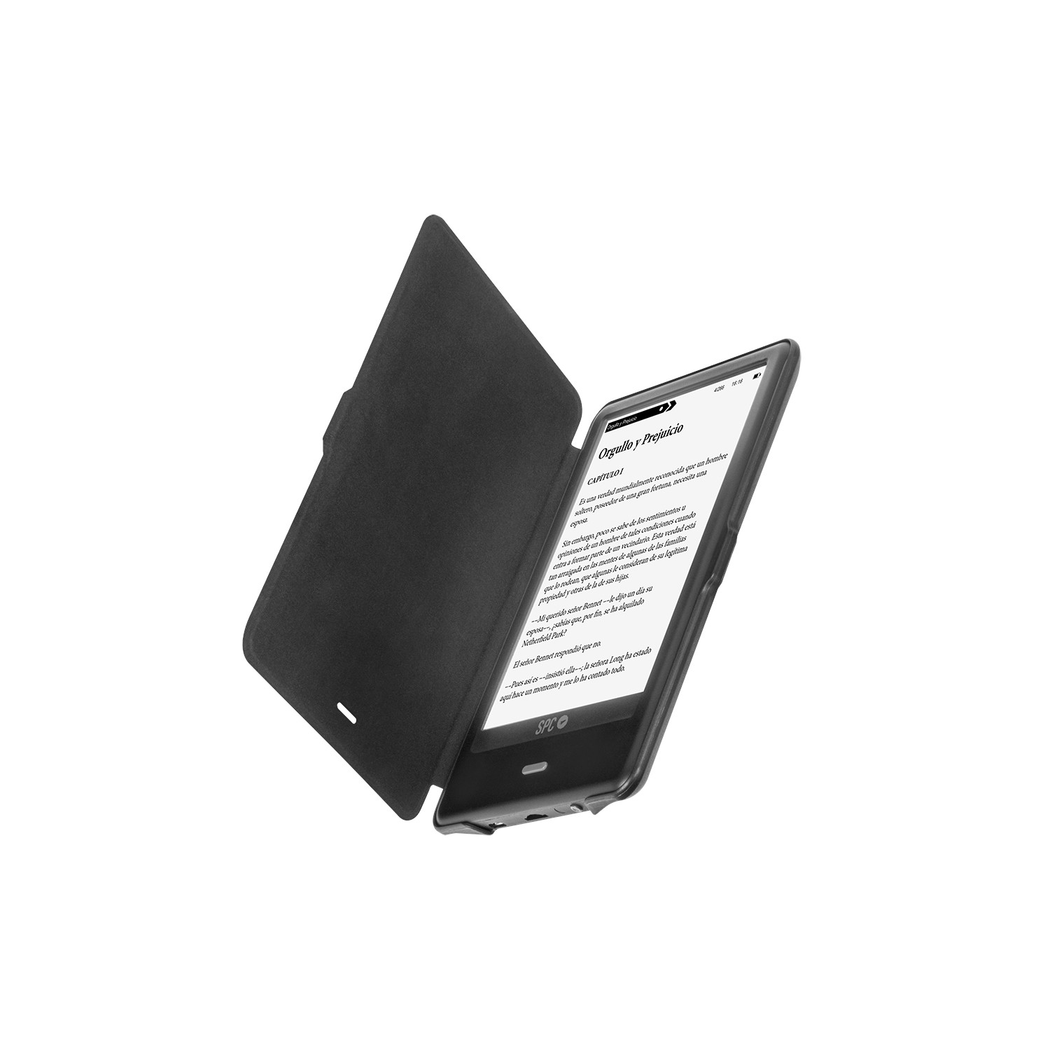 Lector electrónico negro con cubierta abierta, texto, fondo blanco.