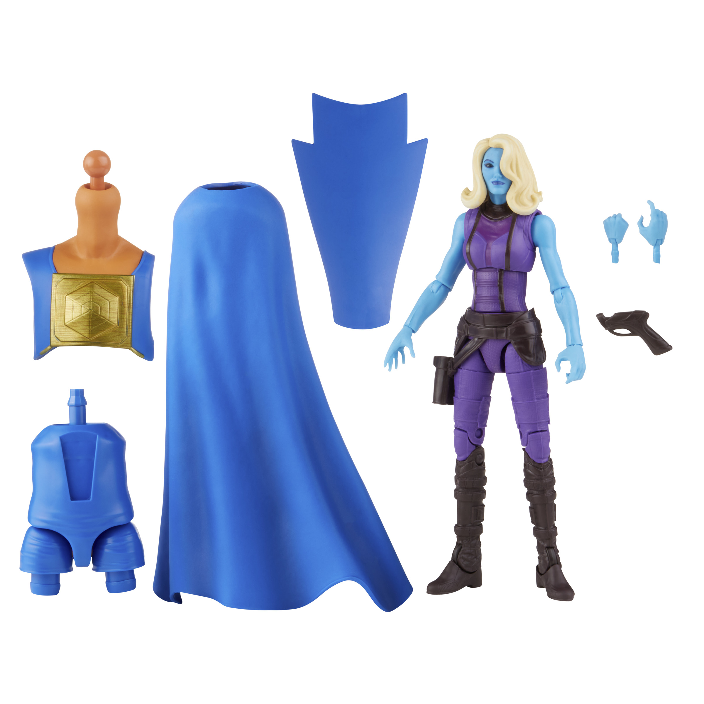 Figura de acción de mujer de piel azul con accesorios. Capa y pistola.