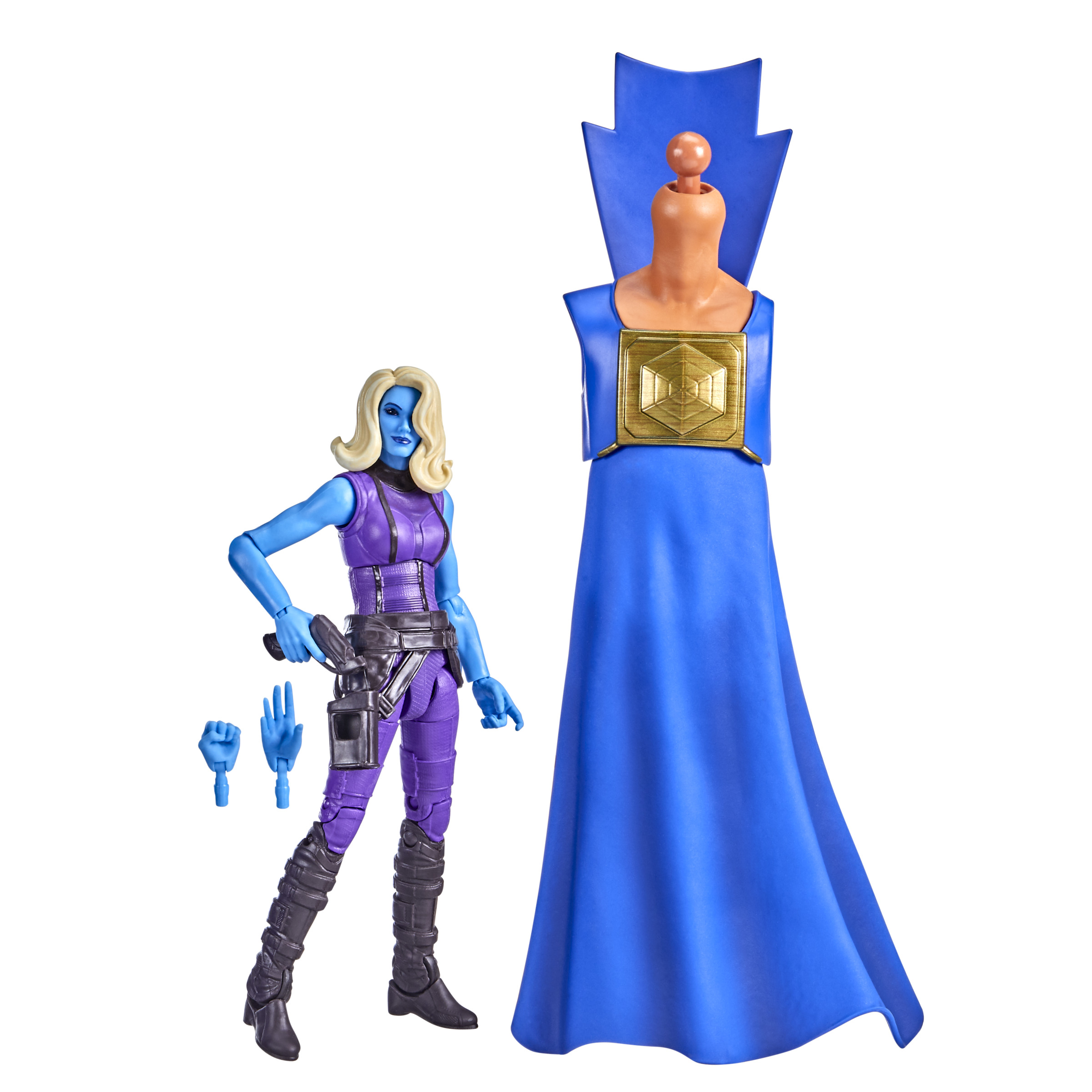 Figura de acción de Nebula con piel azul, traje morado y capa. Incluye manos extra y pieza de vestuario.