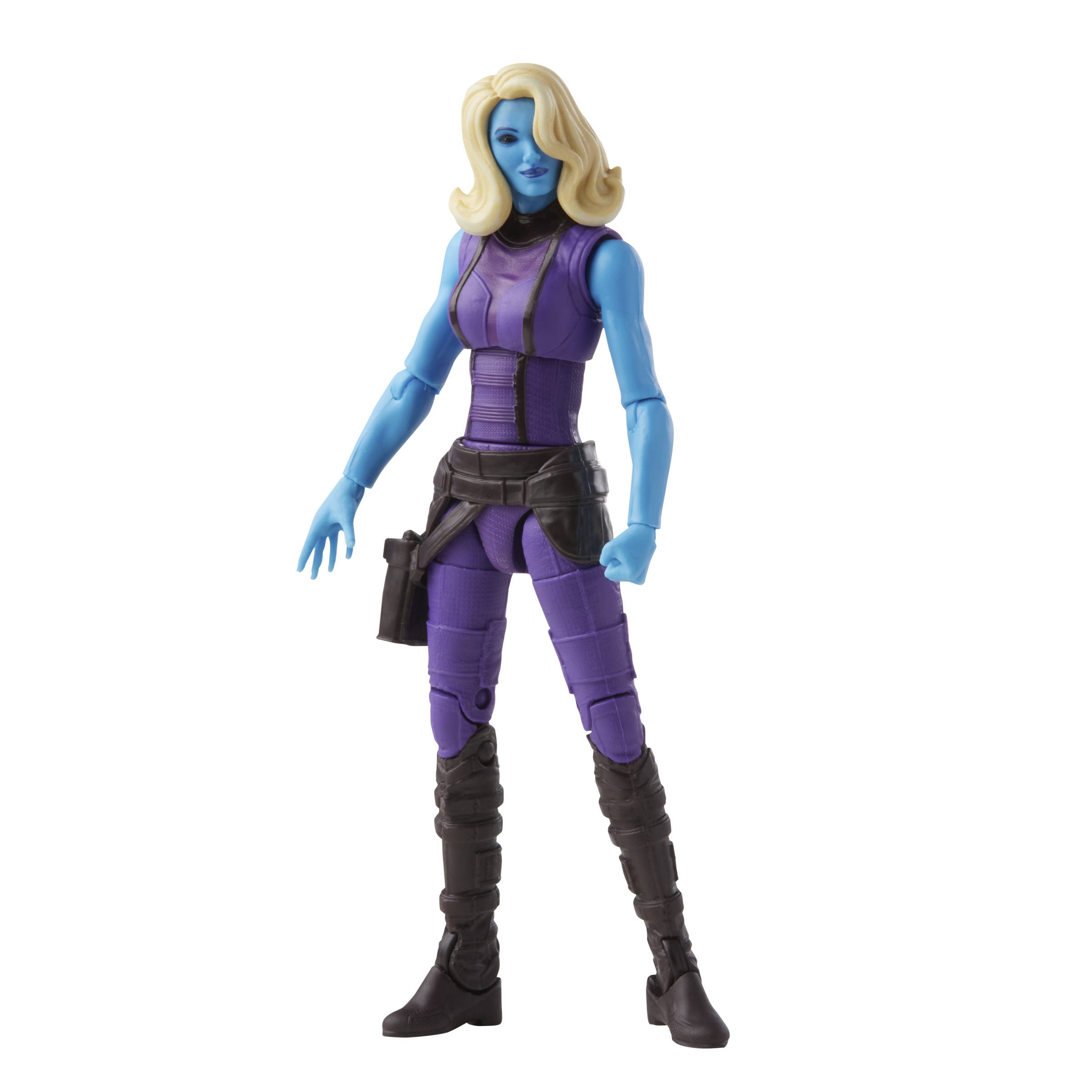 Figura de acción de Nebula. Piel azul, cabello rubio, traje morado. Sosteniendo una pistola.