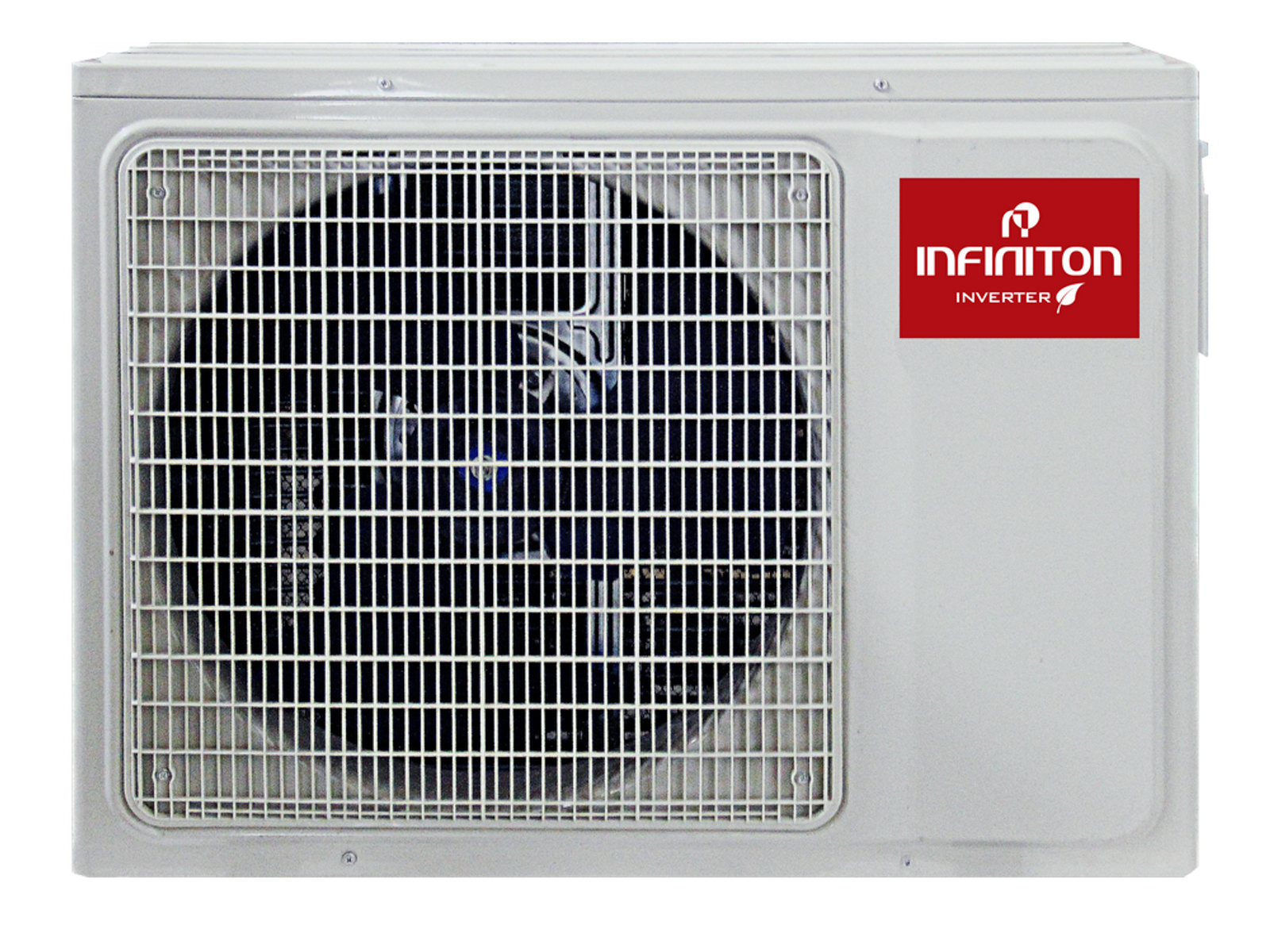 Una unidad de aire acondicionado con el logo rojo 'INFINITON' y un ventilador detrás de una rejilla negra.
