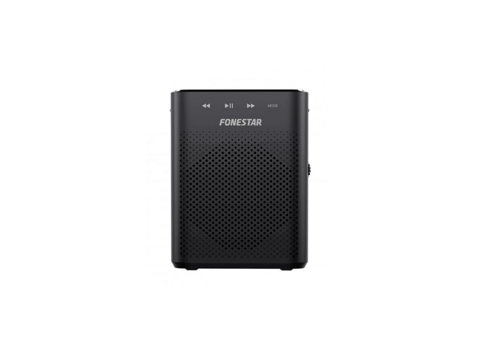 Altavoz rectangular negro con botones arriba. Panel frontal perforado.