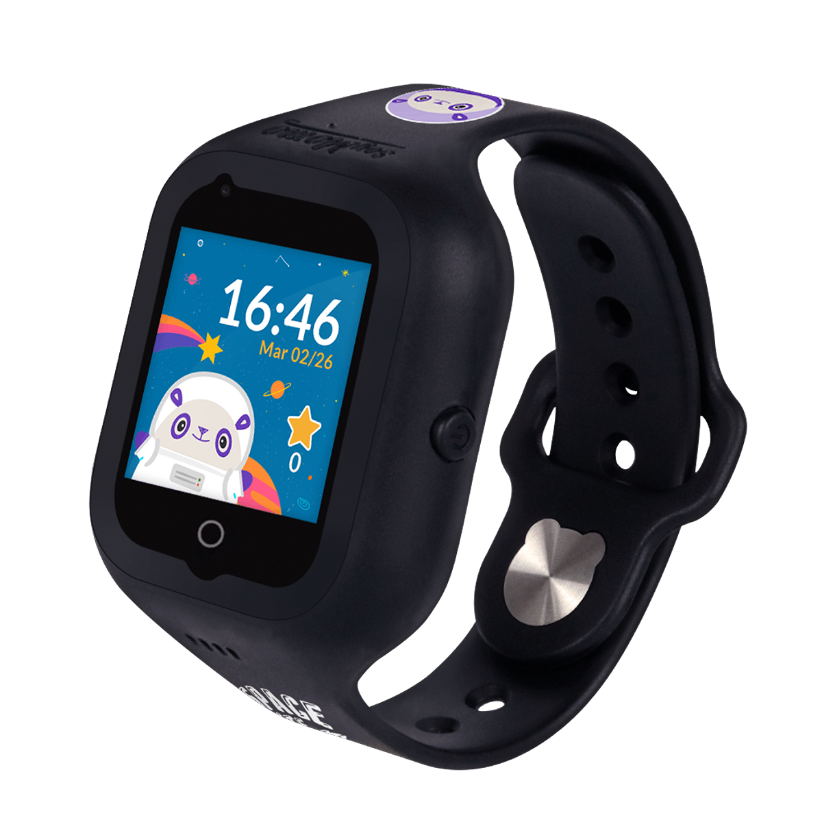 Smartwatch negra con pantalla colorida mostrando un astronauta de dibujos animados y la hora.