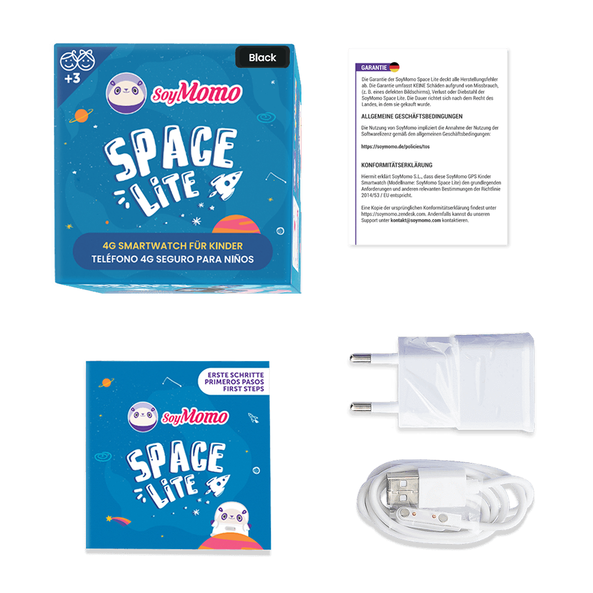 Caja de producto con 'SoyMomo Space Lite' y accesorios como cargador y cable.