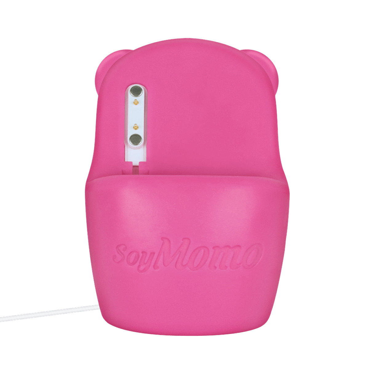 Un sello SoyMomo rosa con el logotipo de SoyMomo y un cable blanco.