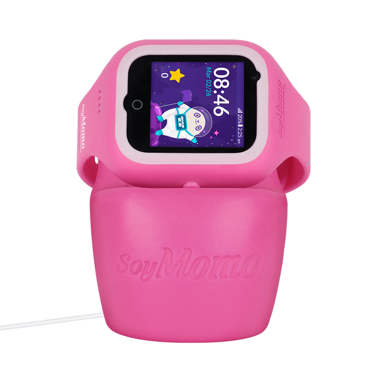 Reloj inteligente rosa en su base de carga rosa. La pantalla muestra un personaje de dibujos animados, hora y fecha.