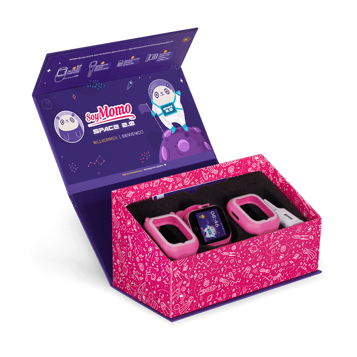Caja de regalo de smartwatch SoyMomo Space 2.0 rosa abierta, con reloj y accesorios.