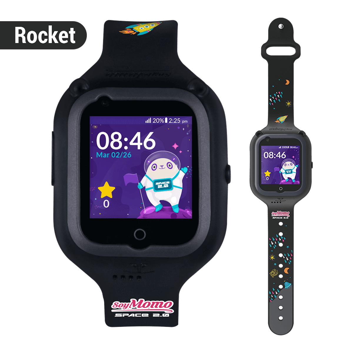 Un reloj inteligente negro con una pantalla que muestra la hora y un personaje de dibujos animados.