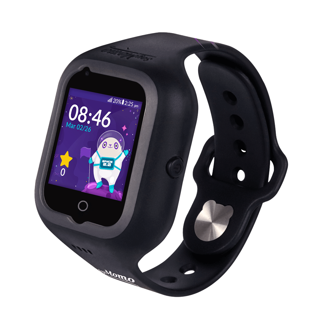 Reloj inteligente negro para niños. Muestra la hora, la fecha y un personaje de dibujos animados.