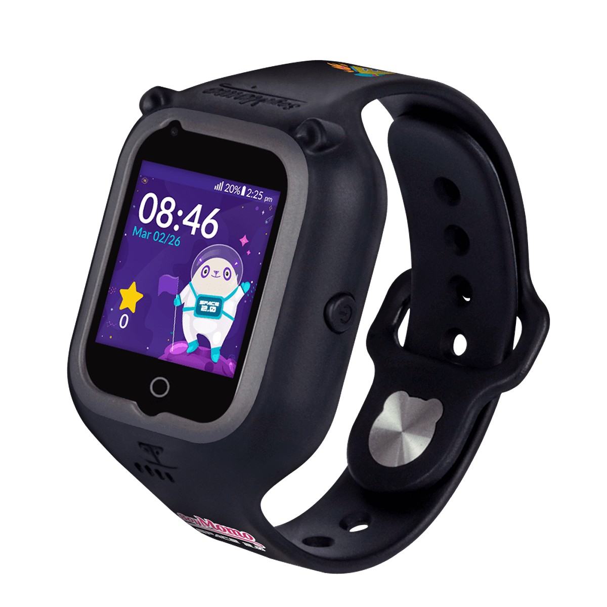 Reloj inteligente negro con una pantalla que muestra la hora, la batería y un personaje de dibujos animados.