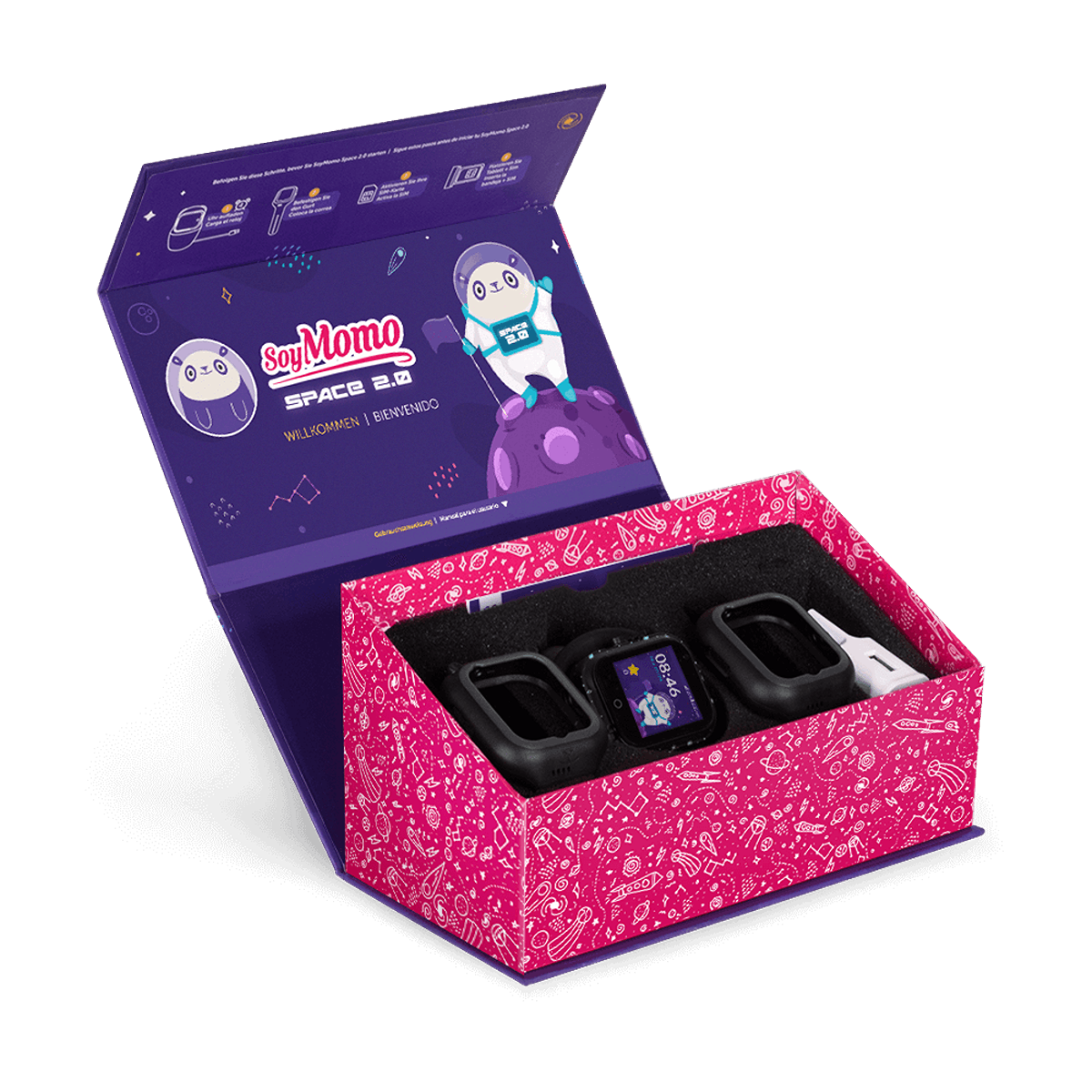 Caja con reloj Soy Momo, dos correas y un termómetro.