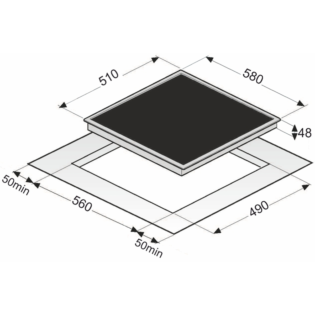 Diagramm mit Abmessungen eines schwarzen quadratischen Kochfelds auf einer weißen Oberfläche.