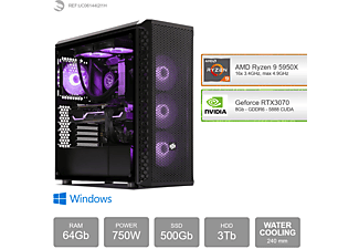 SEDATECH AMD Ryzen 9 5950X mit Wasserkühlung, Gaming PC, 64 GB RAM, 500 GB SSD, 3000 GB HDD, Geforce RTX3070, 8 GB