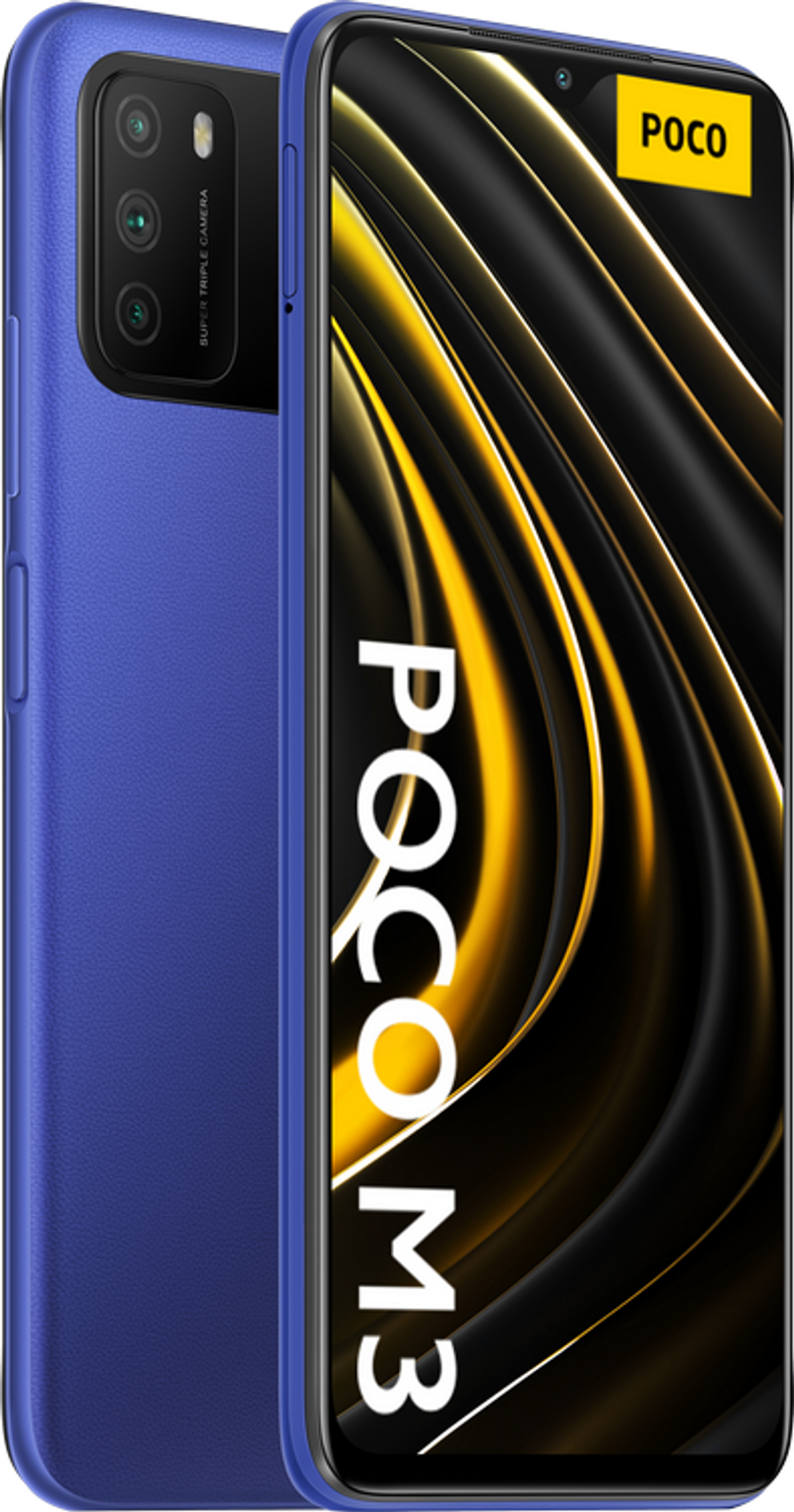 Blaues POCO M3 Smartphone mit Dreifachkamera, Goldmuster auf dem Bildschirm. Weißer Hintergrund.
