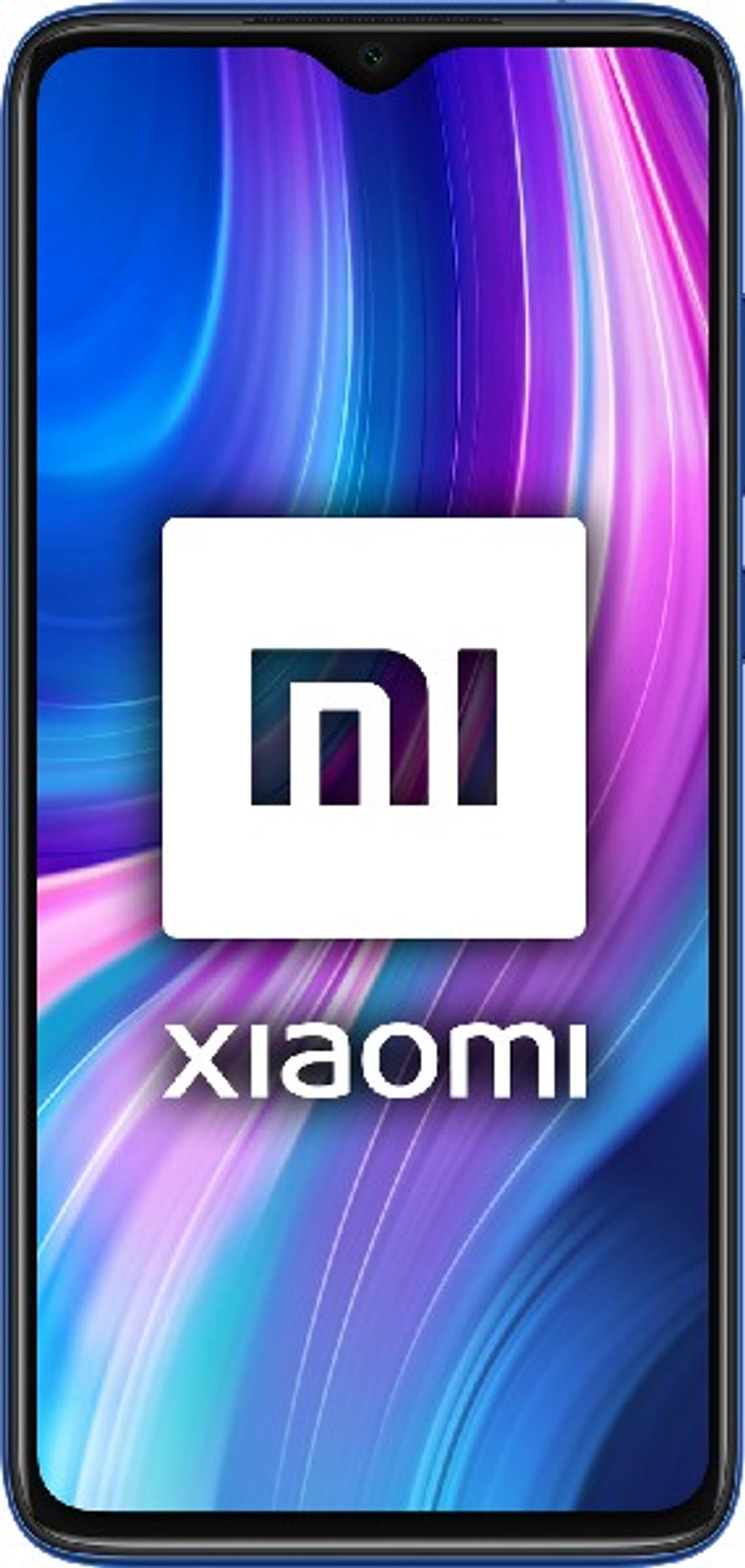 Ein Xiaomi-Telefon mit blauem Farbverlauf-Hintergrund und dem Xiaomi-Logo. Das Wort Xiaomi steht unter dem Logo.