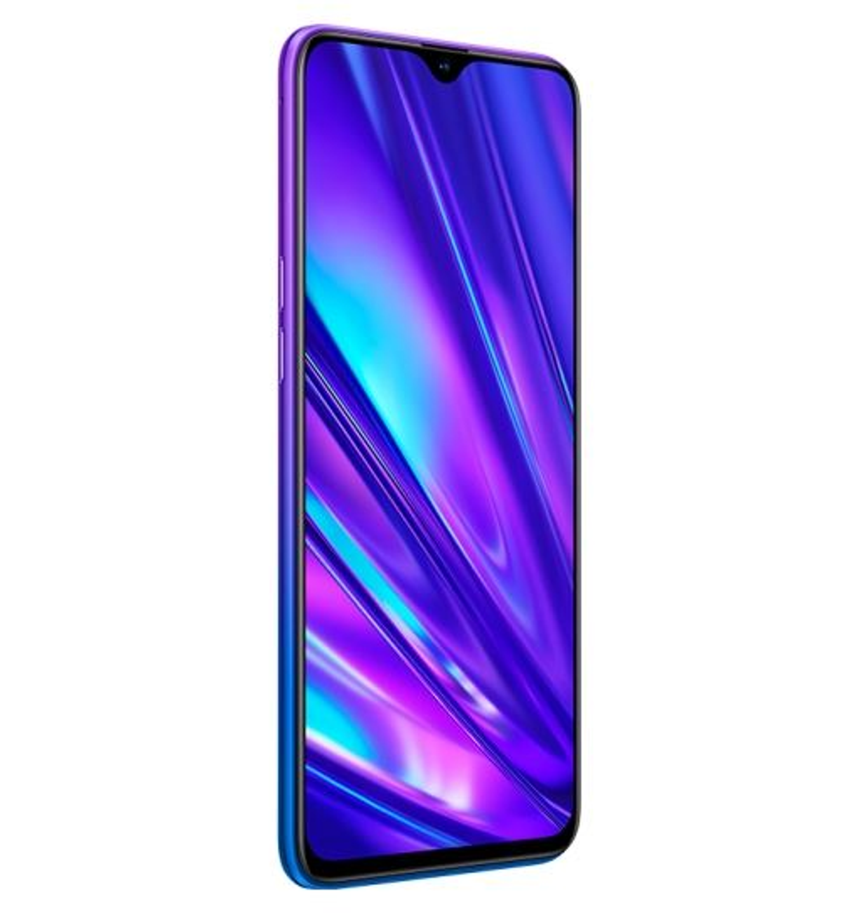 Realme-Smartphone, blau-violetter Farbverlauf auf der Rückseite. Vorderansicht, Bildschirm sichtbar, weißer Hintergrund.