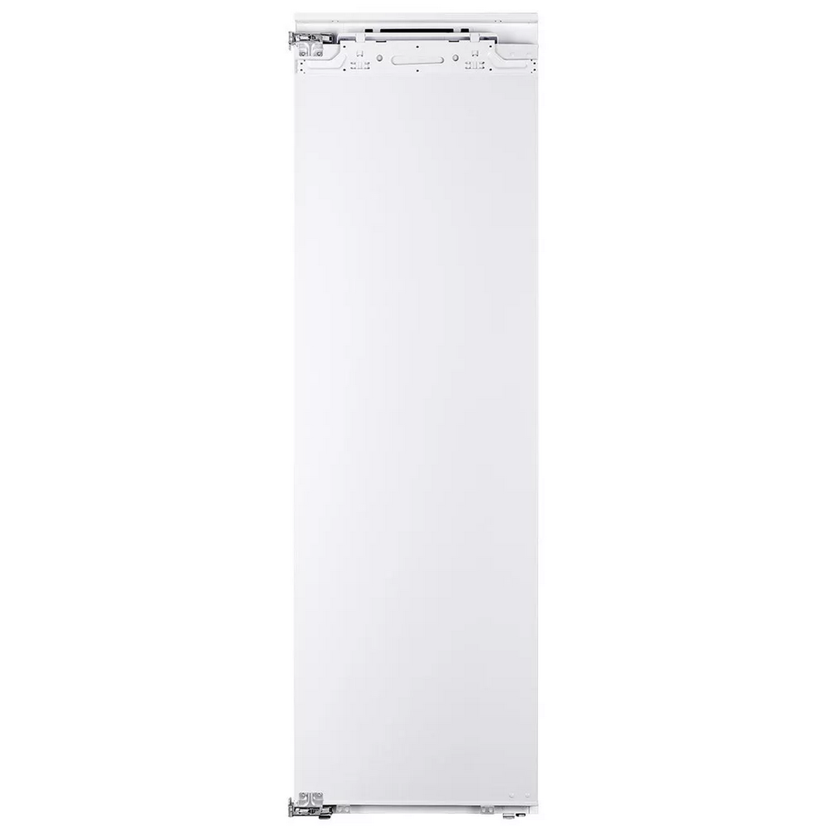 Una puerta de refrigerador blanca con asa integrada. Toma vertical y centrada.