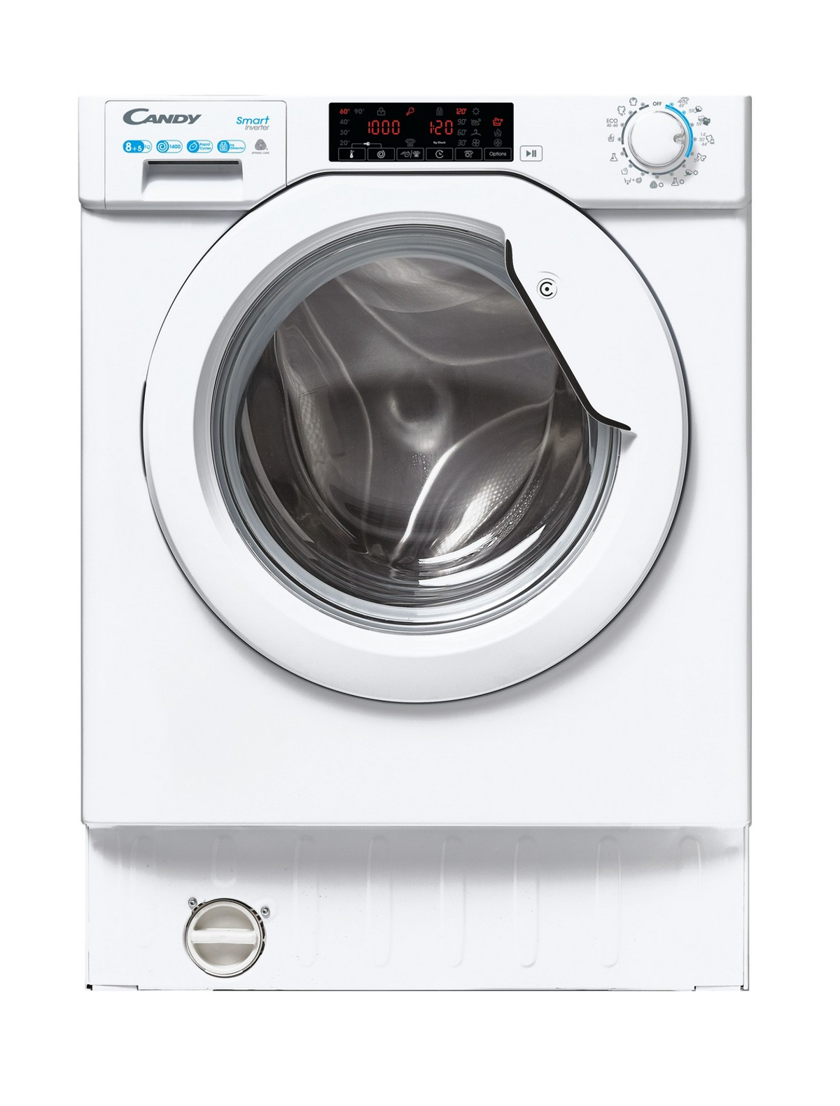Una lavadora blanca con puerta circular y panel de control. La marca es Candy Smart. Fondo blanco.