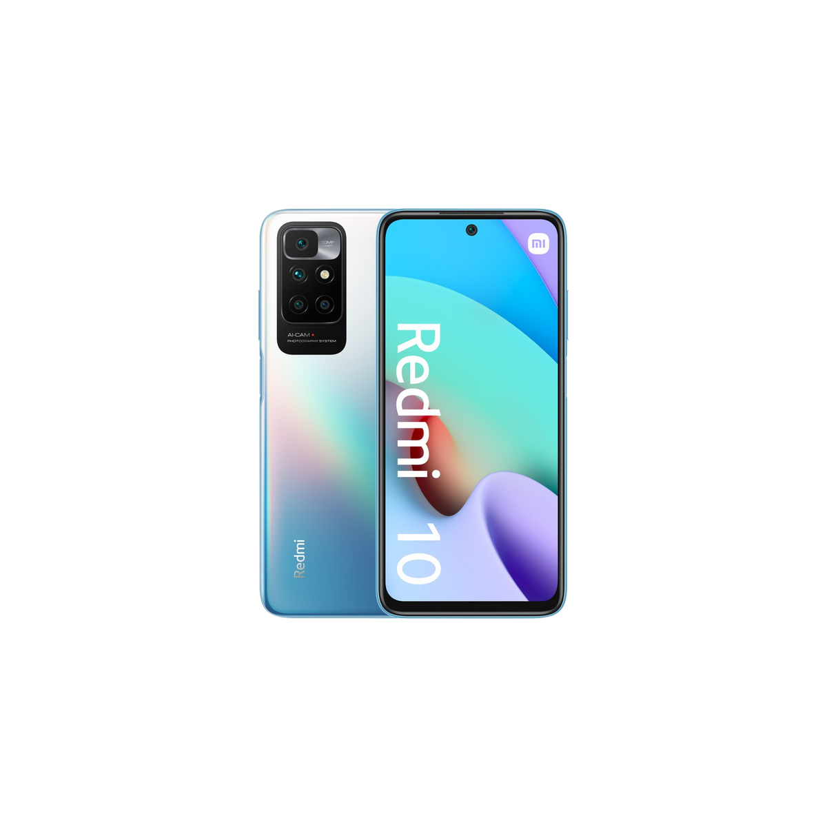 Ein Xiaomi Redmi 10 Smartphone, Rückseite und Bildschirm sichtbar, farbenfrohe Benutzeroberfläche.