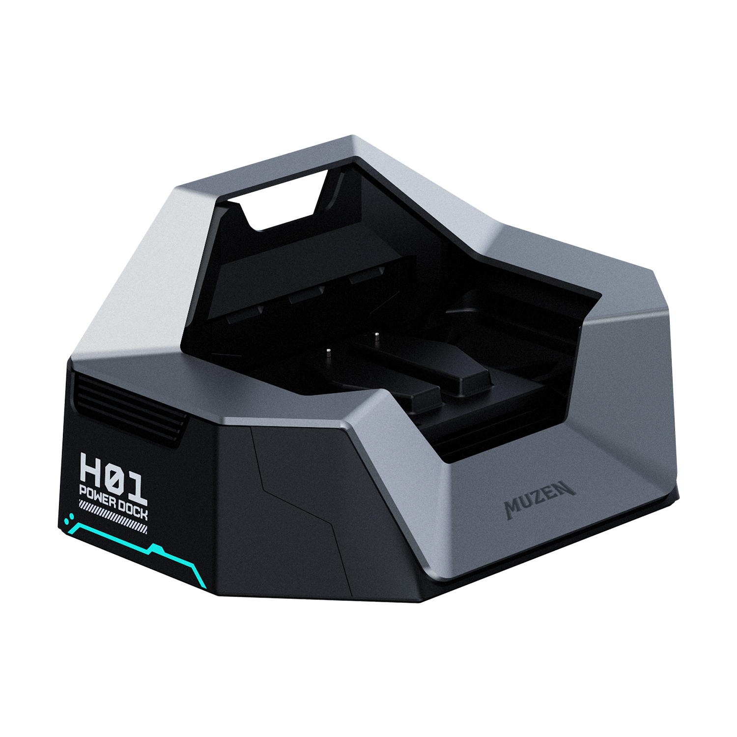 Ein silbernes und schwarzes MUZEN H01 Power Dock. Der Text H01 POWER DOCK ist sichtbar. Weißer Hintergrund.