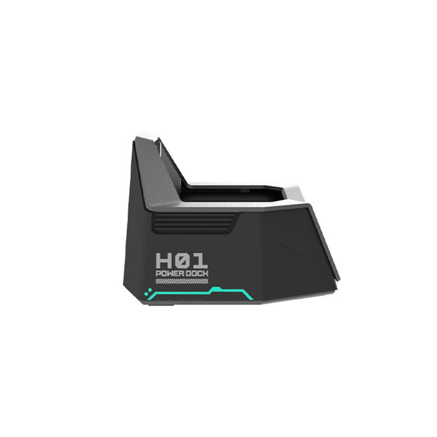 Ein schwarzes und graues H01 Power Dock auf weißem Hintergrund.