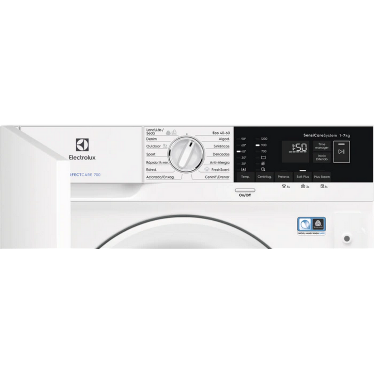 Panel de control de lavadora con varias opciones de programa y pantalla.