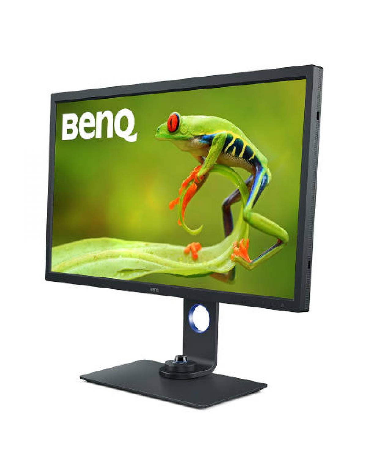 Monitor z zielonym tłem i żabą na liściu. Monitor ma czarną ramkę i podstawę.