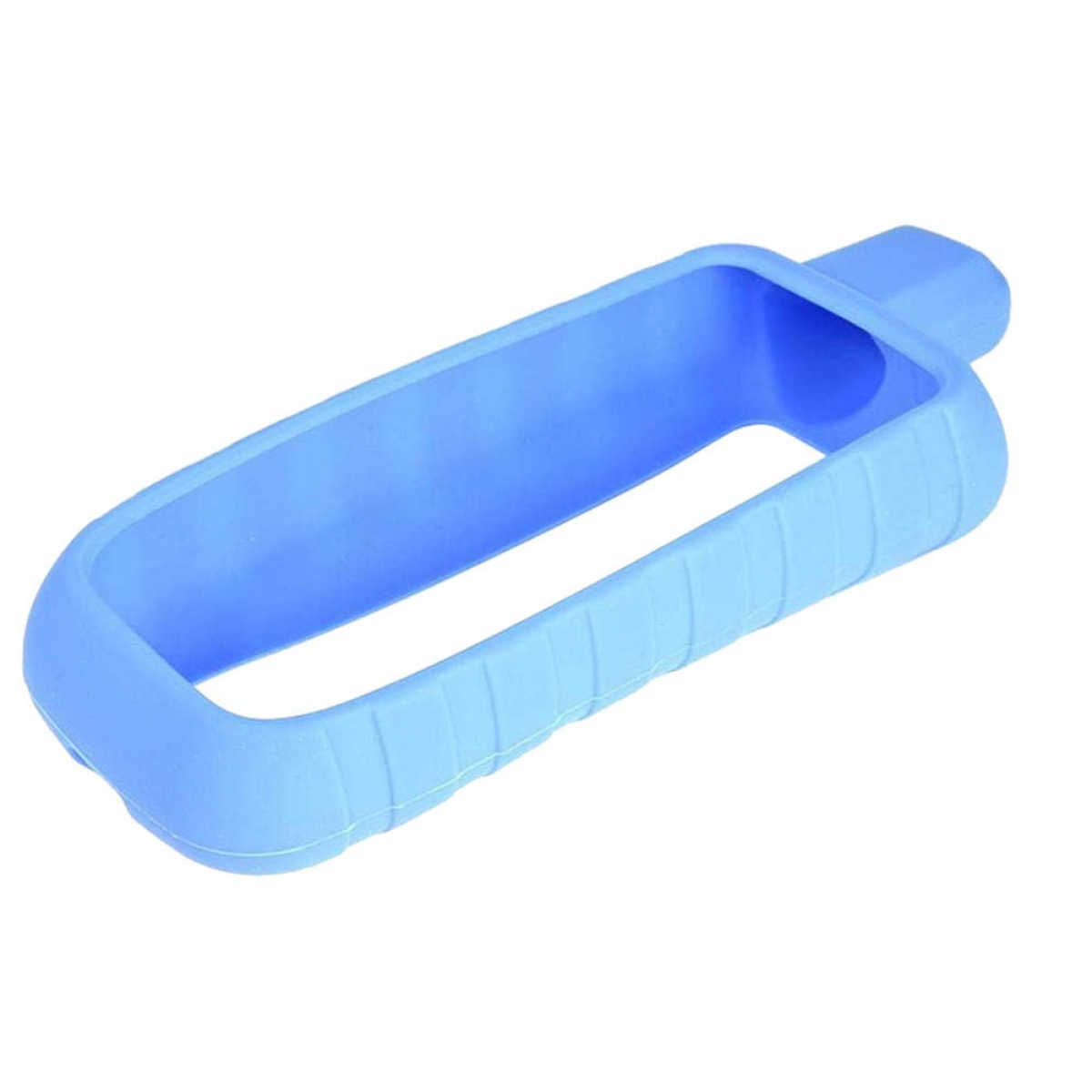 Blauer Silikon-Garmin-Gerätehalter, rechteckige Form, schräge Ansicht.
