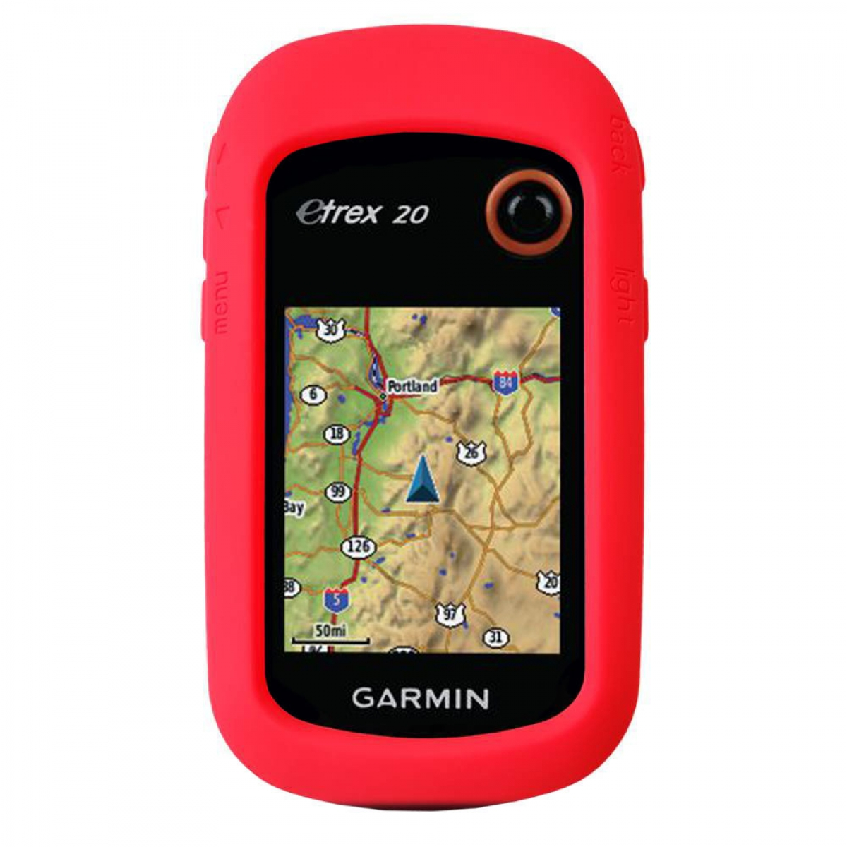 Rotes Garmin eTrex 20 GPS. Bildschirm zeigt Karte mit Straßendetails, in roter Hülle.