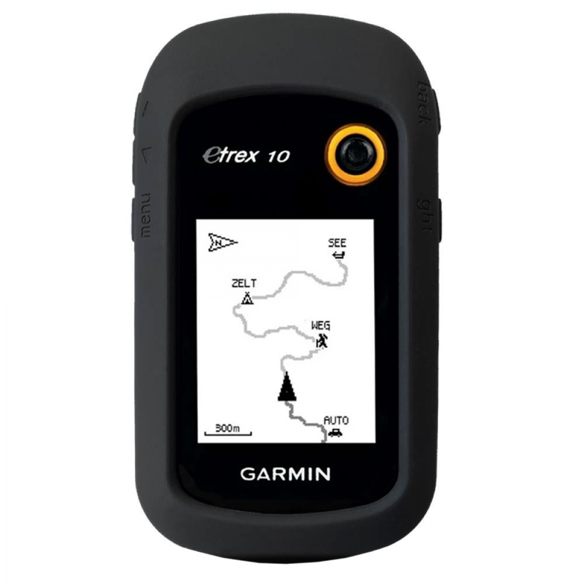Schwarzes GPS-Gerät mit Kartenbildschirm. Das Gerät befindet sich in einer schwarzen Schutzhülle. Der Hintergrund ist weiß.