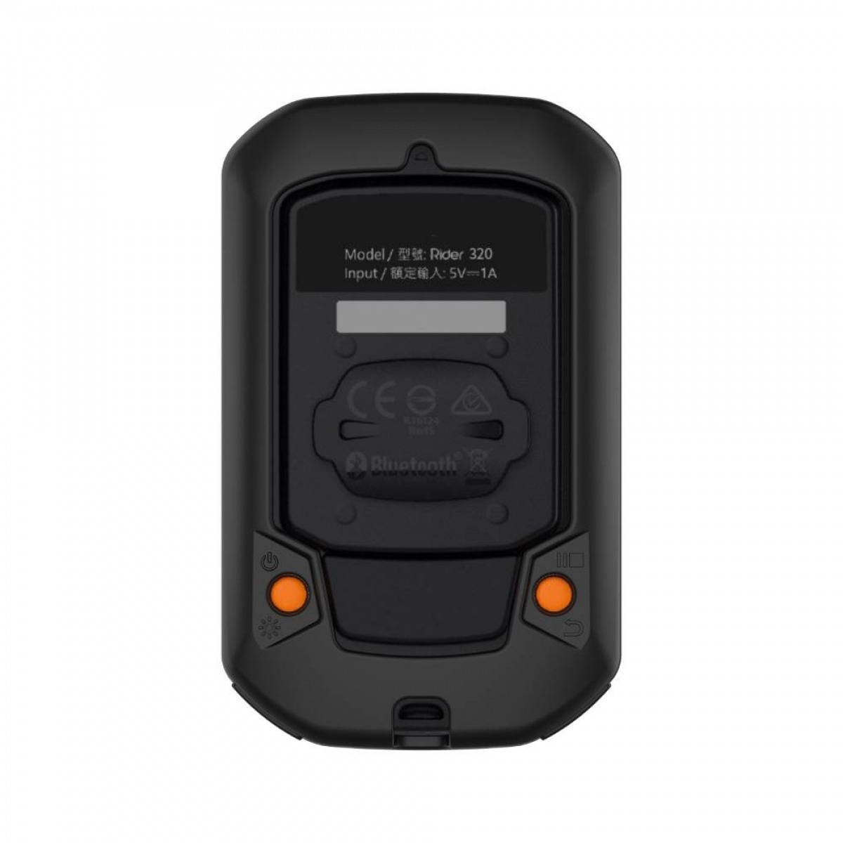 Schwarzes Gerät mit Knöpfen und Text: Model Rider 320, Input: 5V-1A, Bluetooth.
