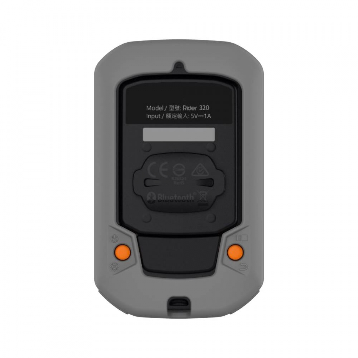 Geräterückseite, graues Gehäuse, schwarzer Innenraum. Enthält Text und orangefarbene Knöpfe. Bluetooth- und CE-Zeichen.