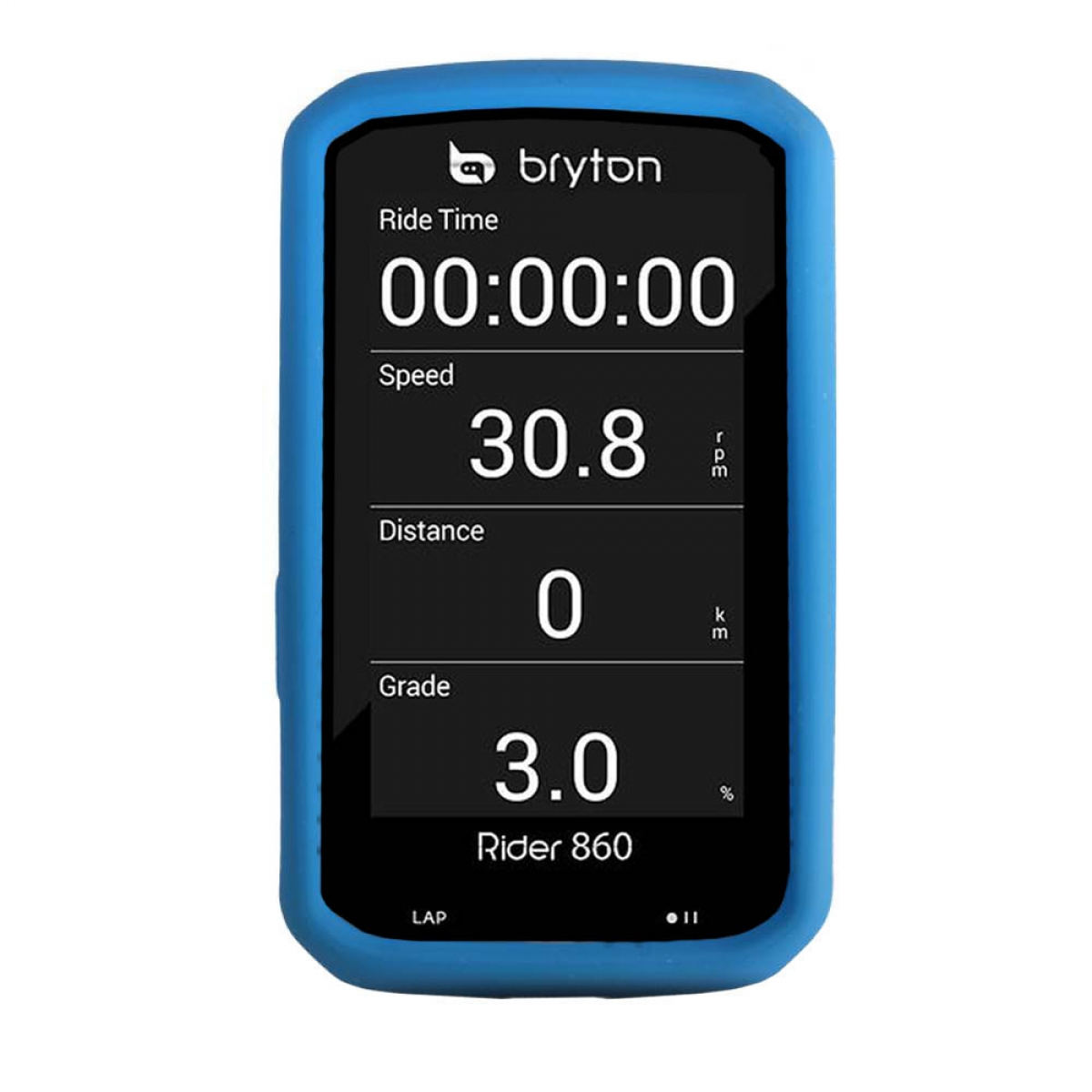 Blaues Bryton Rider 860 GPS-Gerät, das Fahrdaten anzeigt. Es hat ein blaues Gehäuse und Knöpfe. Der Hintergrund ist weiß.