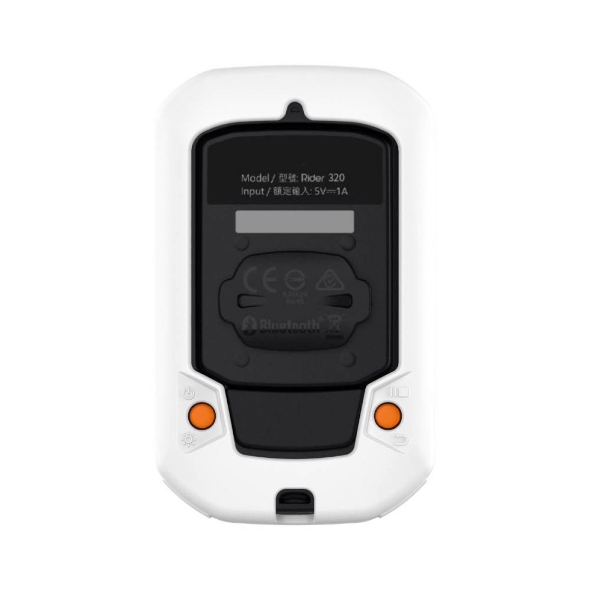 Ein weißes Gerät mit orangenen Knöpfen und Text: Model Rider 320, Input 5V-1A.
