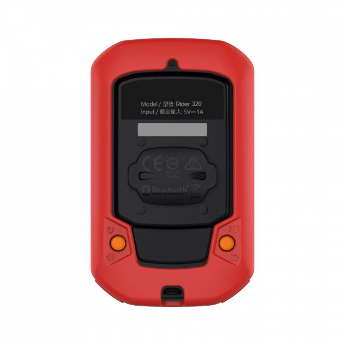 Rotes GPS-Gerät, Rückansicht. Zeigt Modell- und Eingabedetails. Hat Knöpfe.
