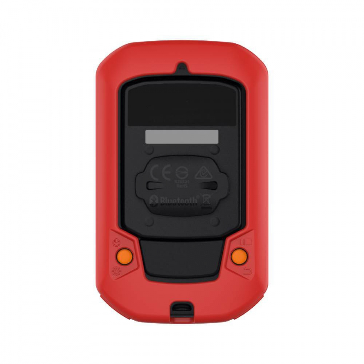 Rotes Gerät mit zwei orangefarbenen Knöpfen und einem schwarzen Bildschirm, mit Bluetooth- und CE-Logos.