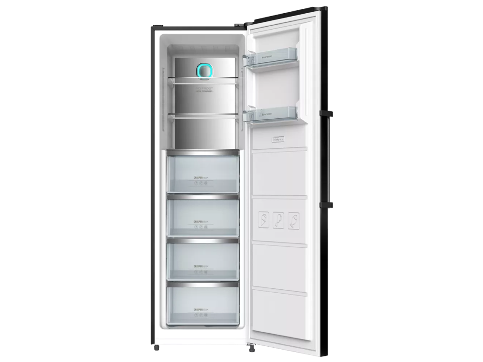 Refrigerador negro abierto, interior visible. Fondo blanco.