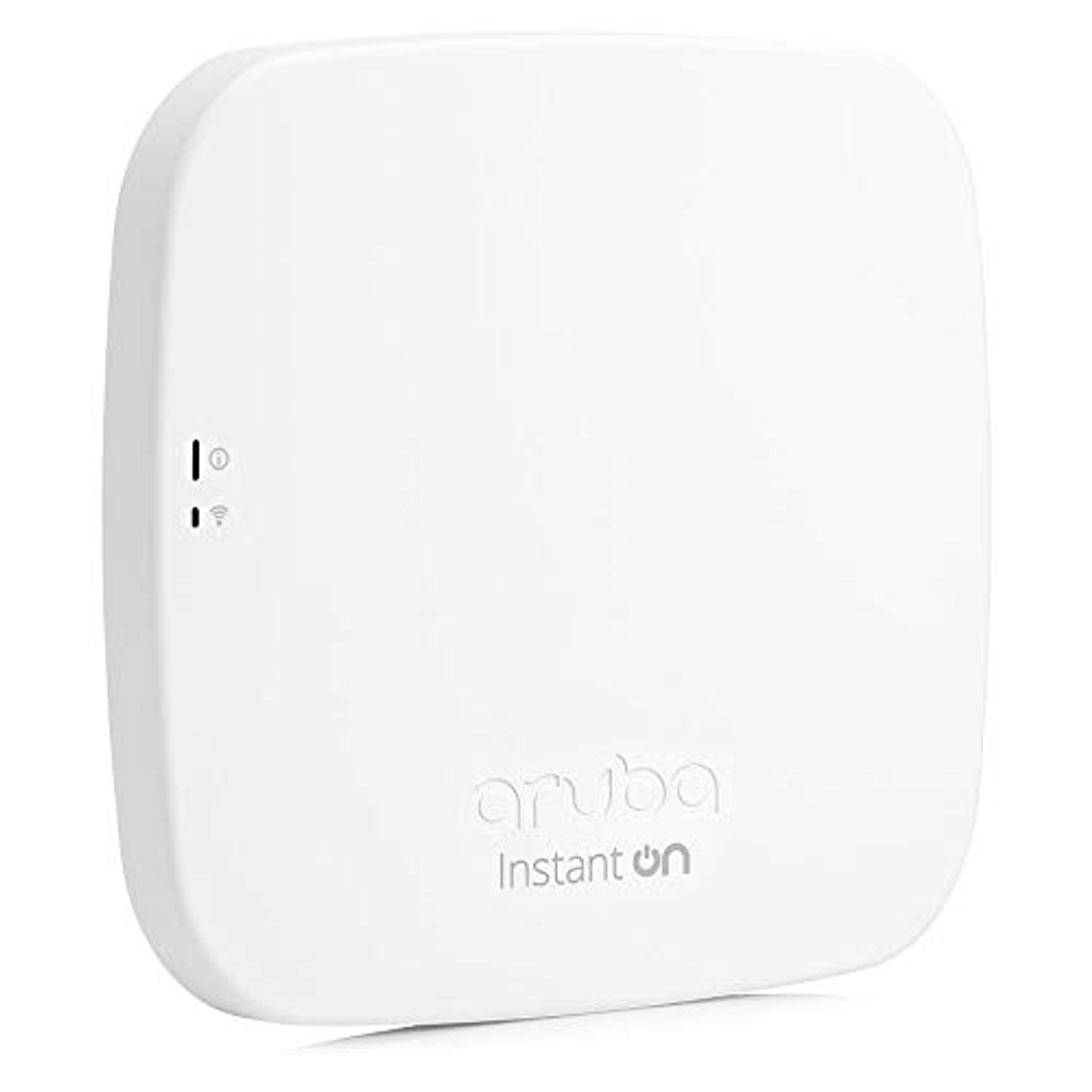 Un punto de acceso Aruba Instant On blanco con dos luces pequeñas y el nombre de la marca.