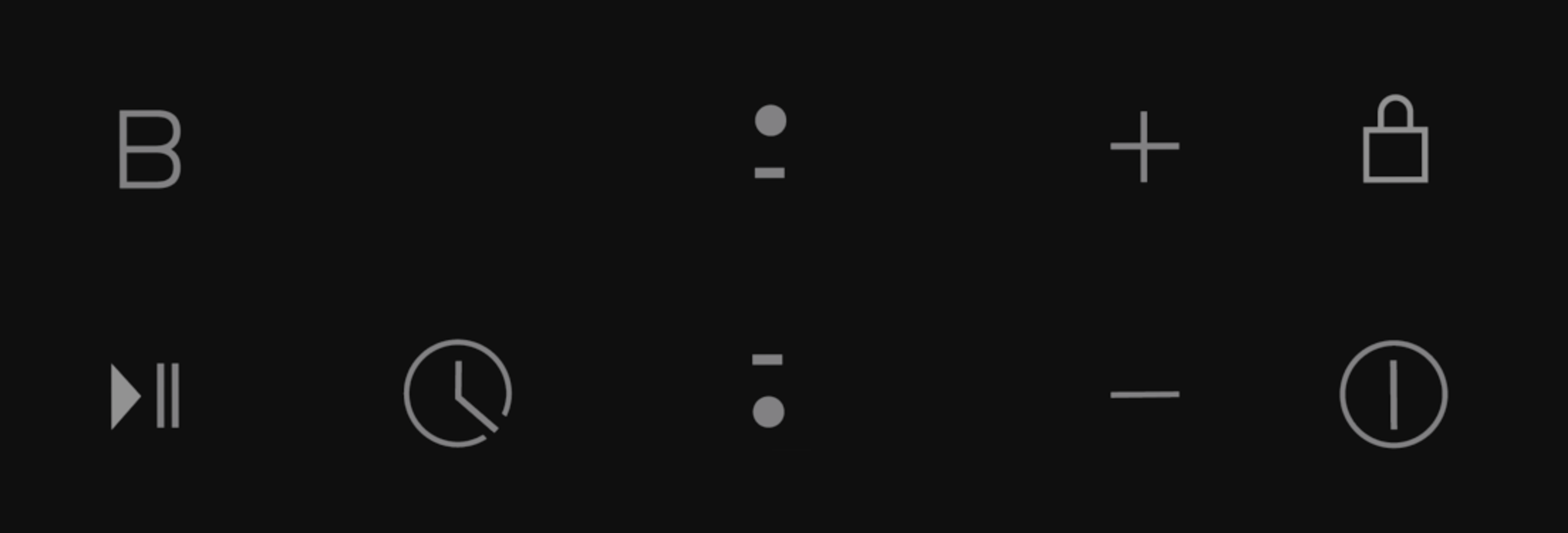 Iconos sobre fondo negro: B, dos puntos, más, candado, play, reloj, menos y símbolo de encendido.
