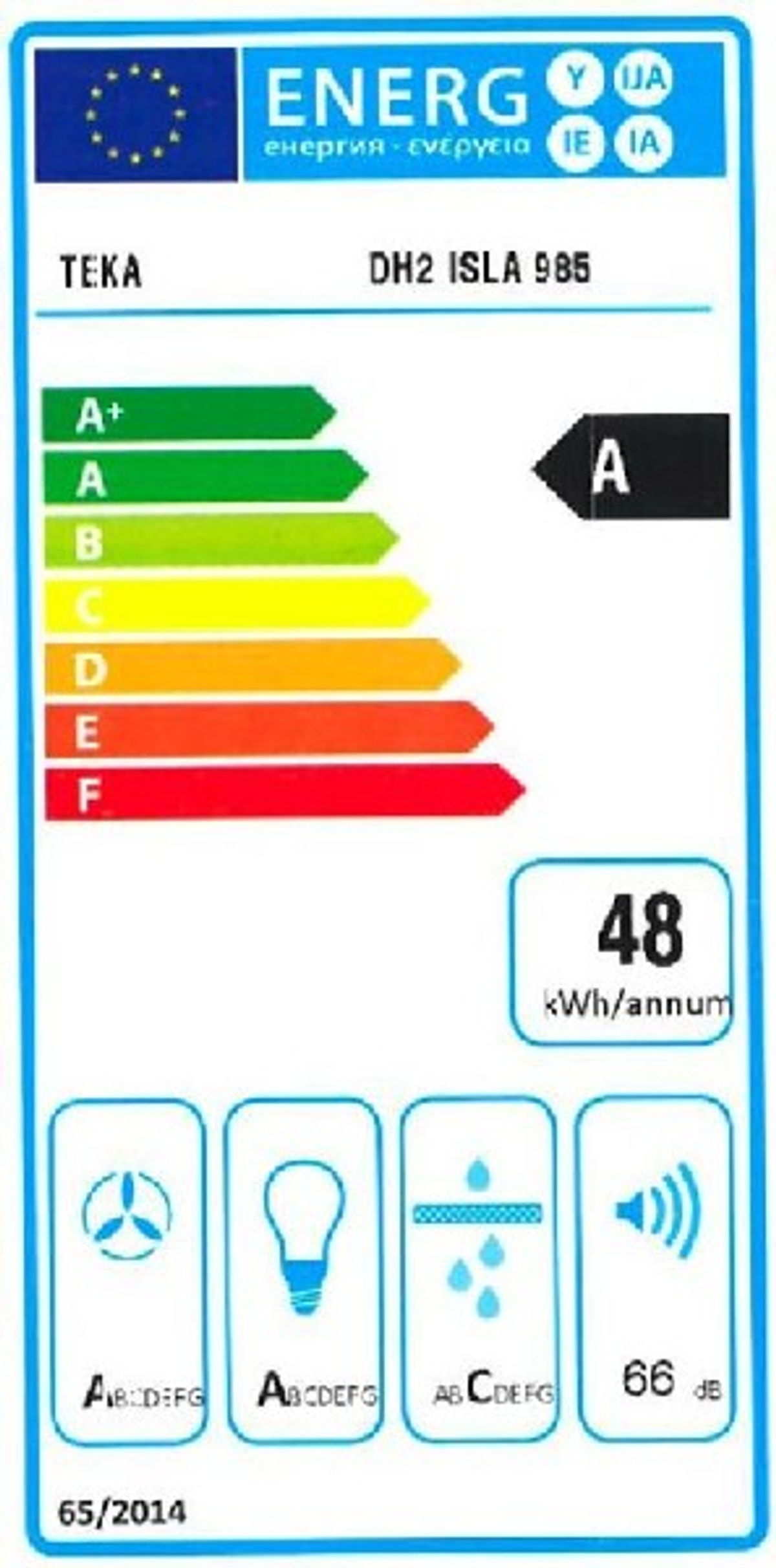 Etiqueta energética con clasificación A. Texto dice: 48 kWh/annum. Imágenes de ventilador, bombilla, agua y altavoz.