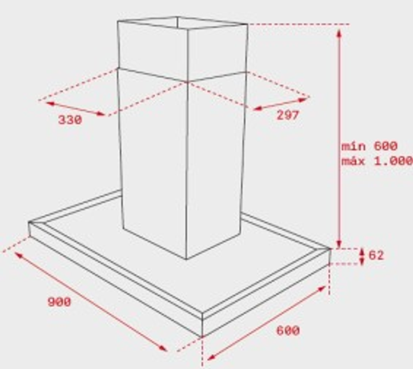 Diagrama de una campana extractora rectangular con dimensiones en milímetros.